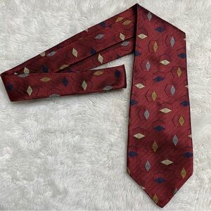 Vintage ECHO Men’s Brown Red Geometric 100% Silk Diamond Print Tie